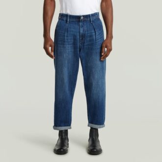 Chino plisat, denim, relaxat, conic